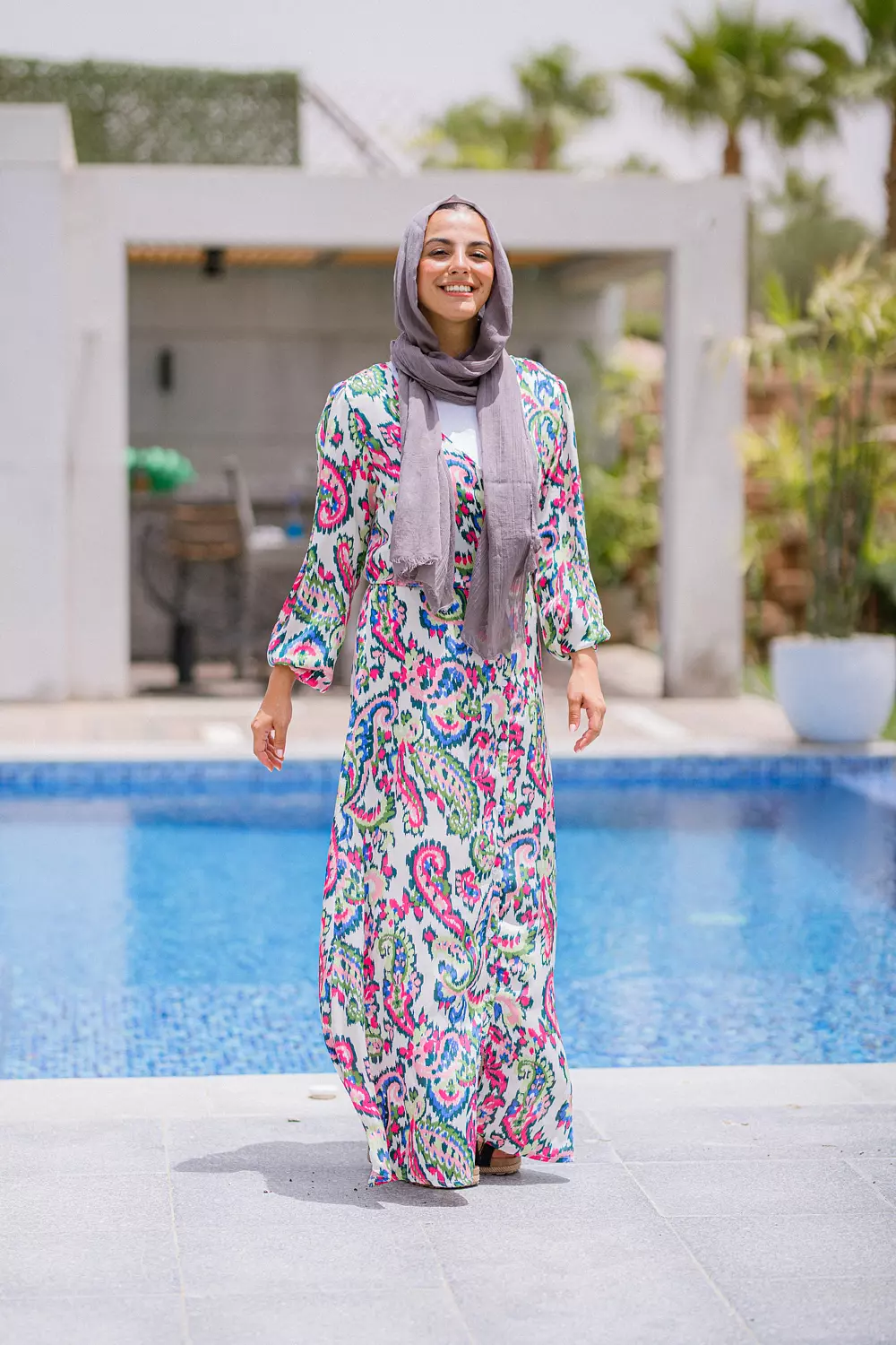 Pink printed chiffon dress hover image