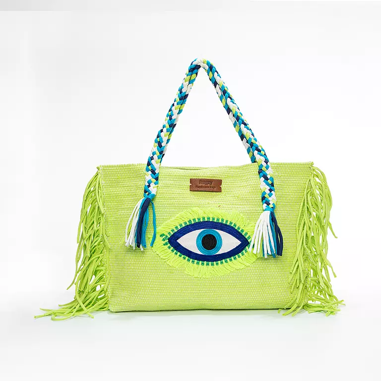 <p><strong><span style="color: rgb(0, 0, 0)">Lime Green Kilim Tote Bag with Evil Eye Badge</span></strong></p>