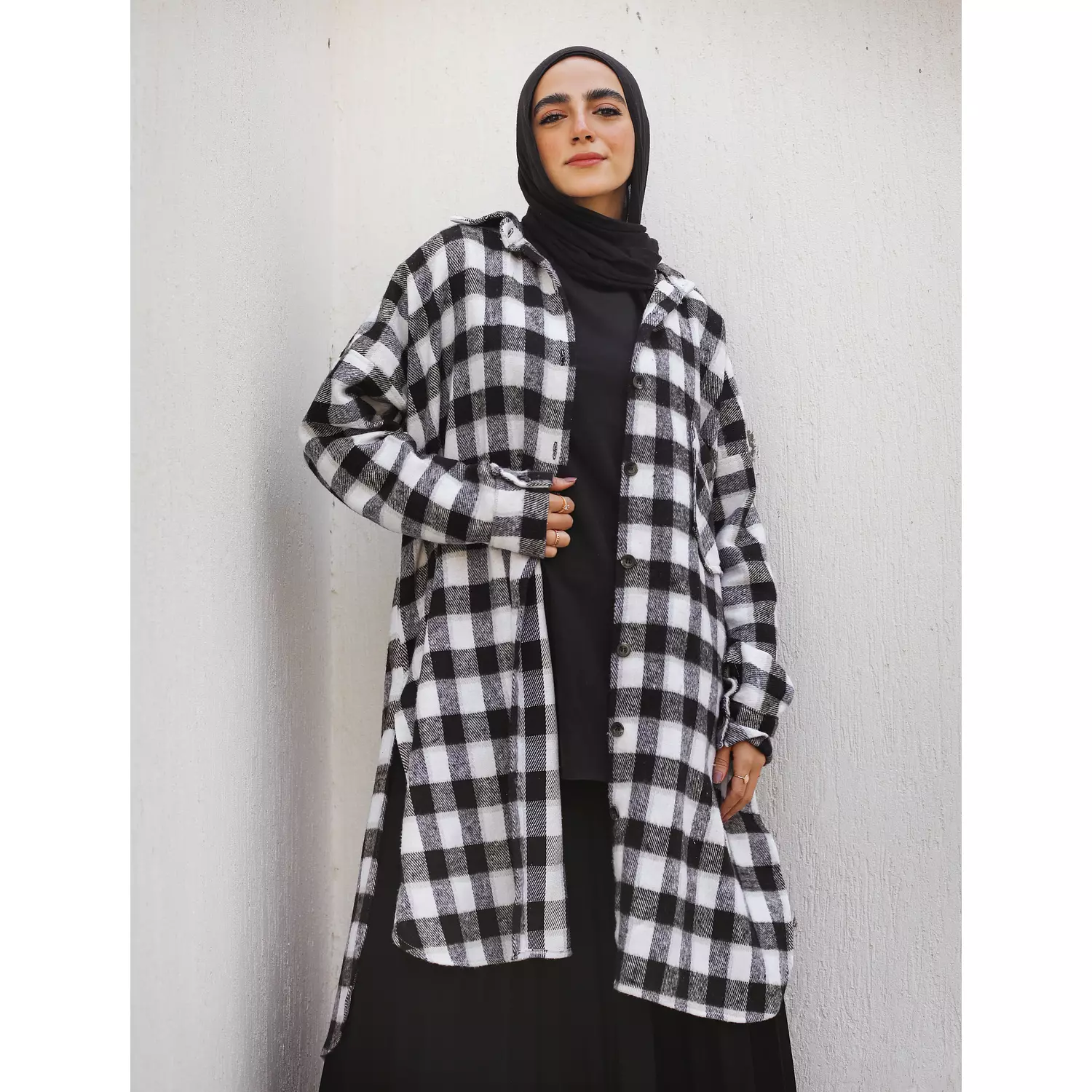 Black & White Checkered Wool Long Shirt 3