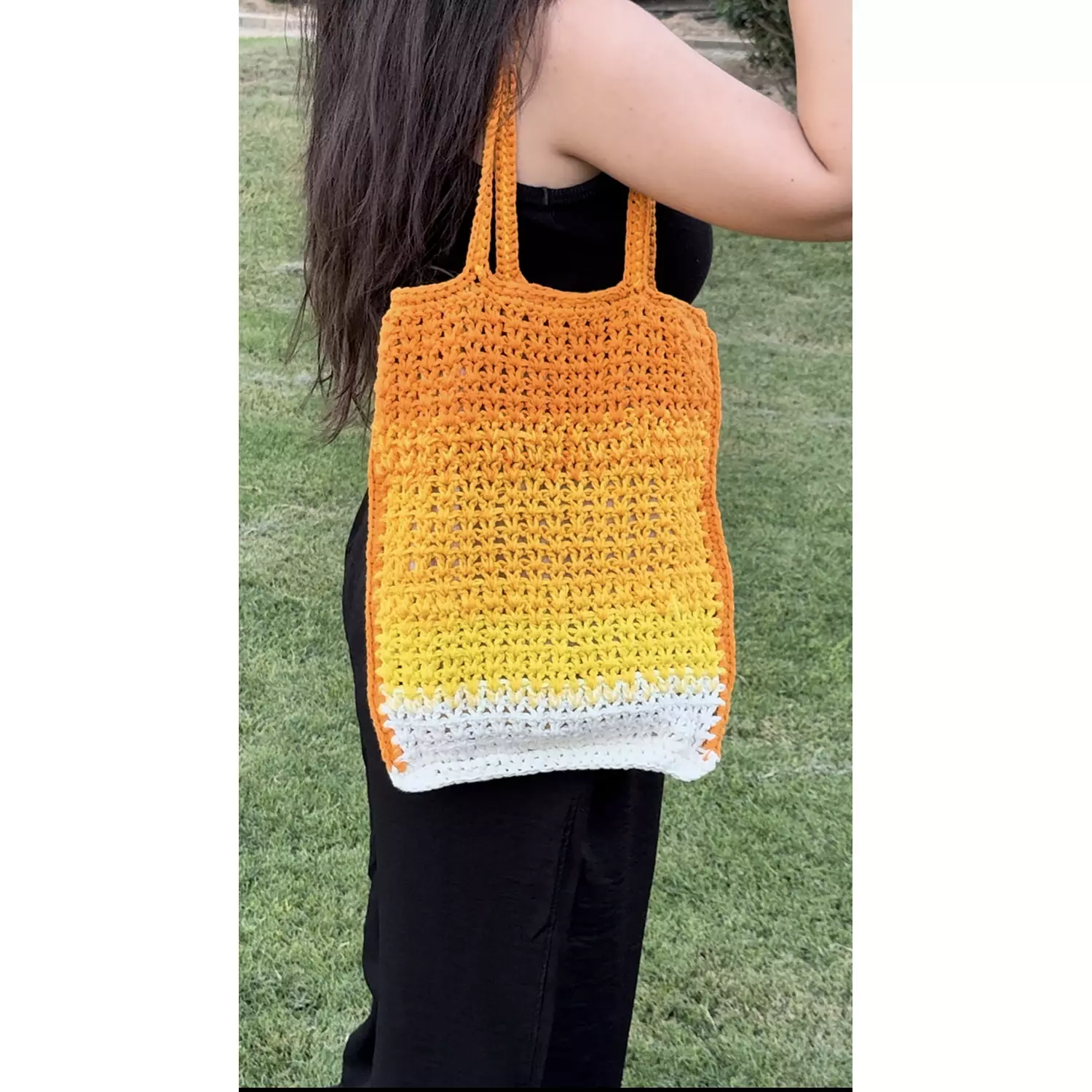 yellow X orange crochet tote bag   1