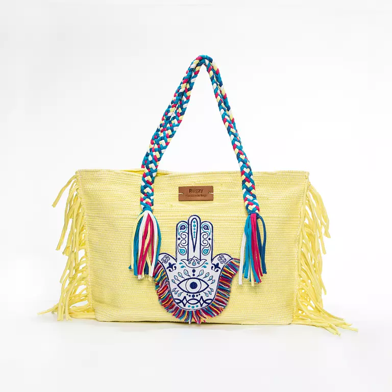 <p><strong>Yellow Tote Bag with Evil Eye Badge</strong></p>