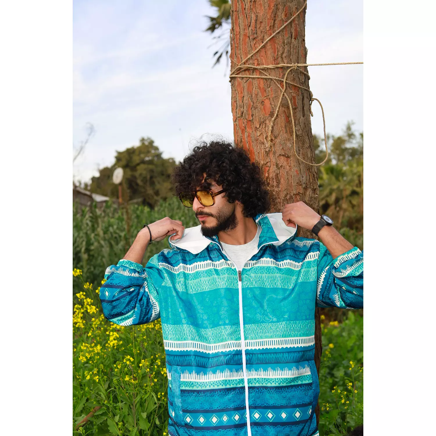 Hooded Blue Tribal Patterned Bomber Jacket hover image