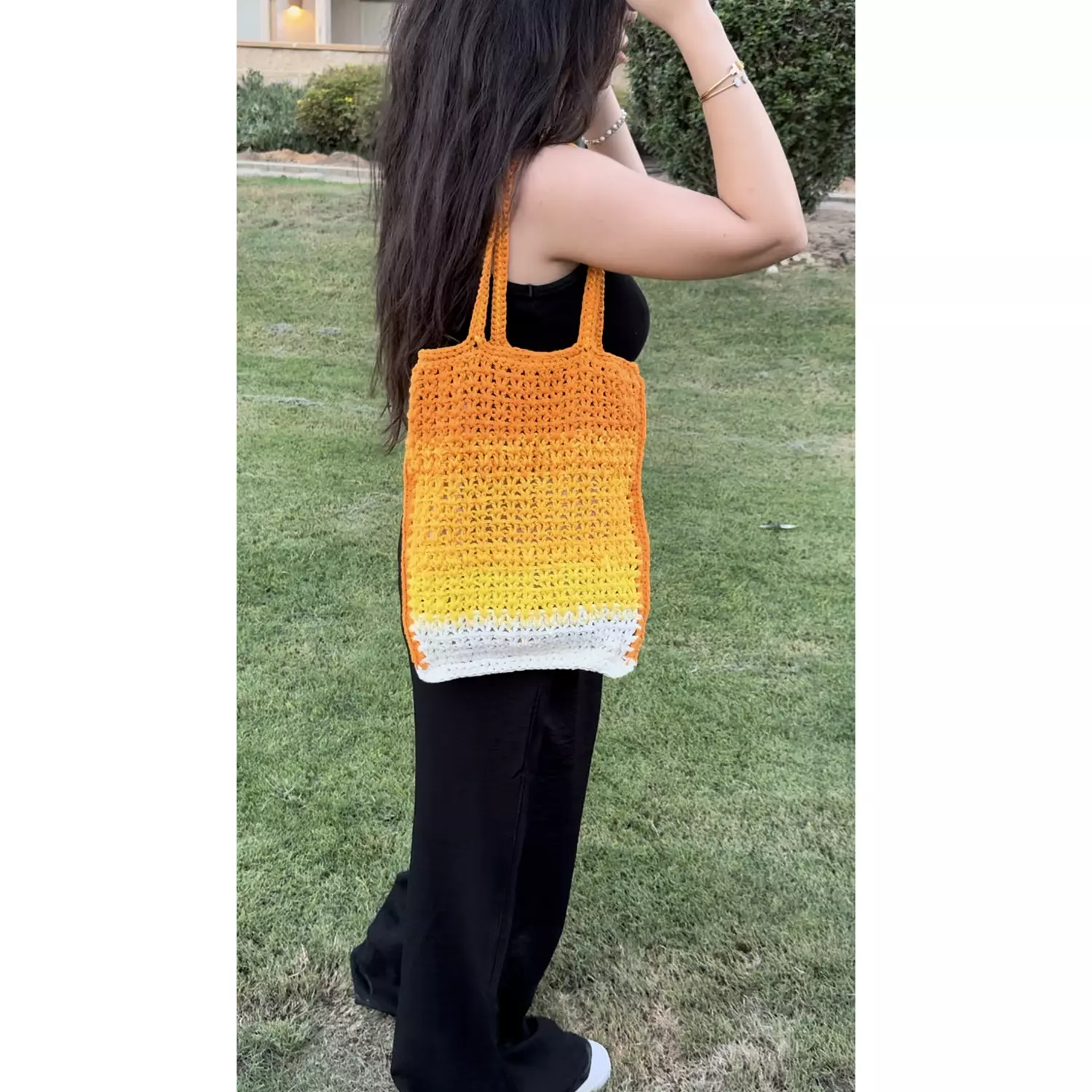 yellow X orange crochet tote bag   2