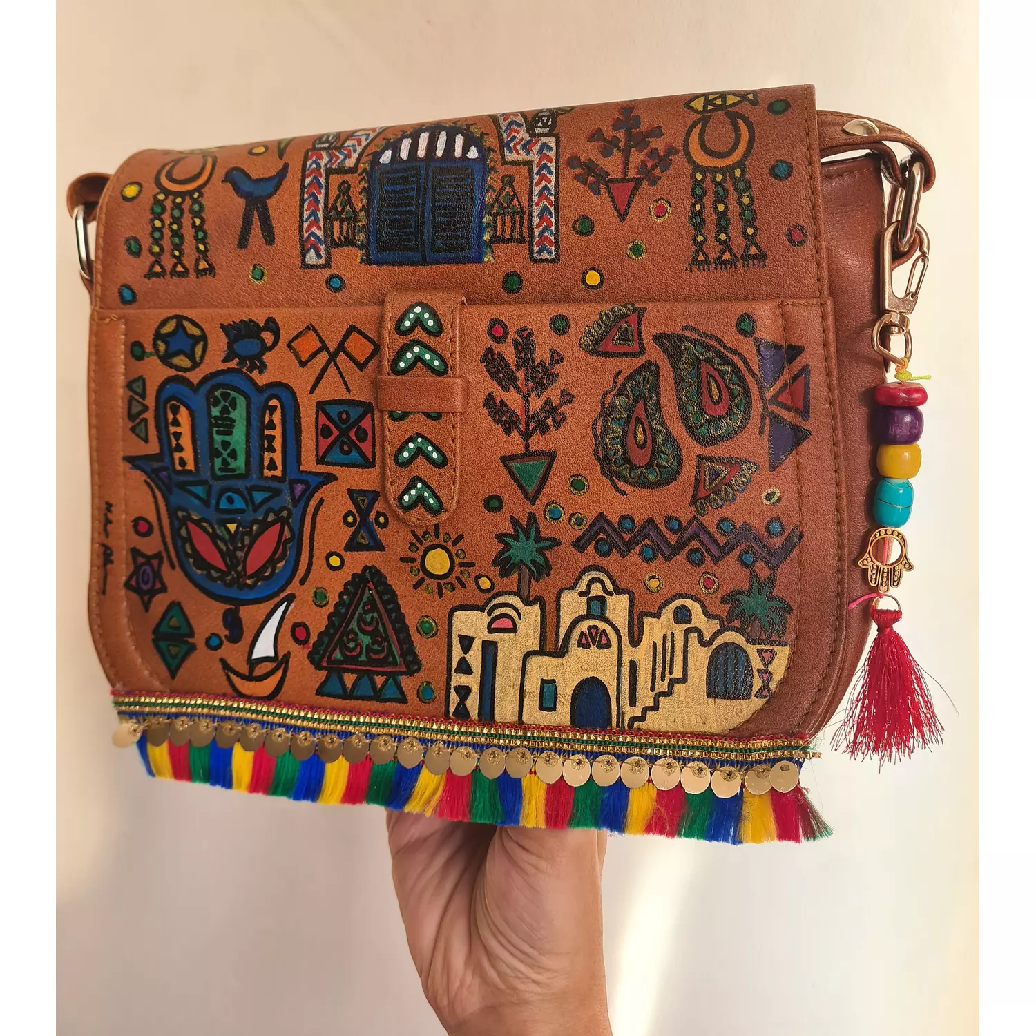 Handpainted genuine leather crossbody with Nubian design  hover image