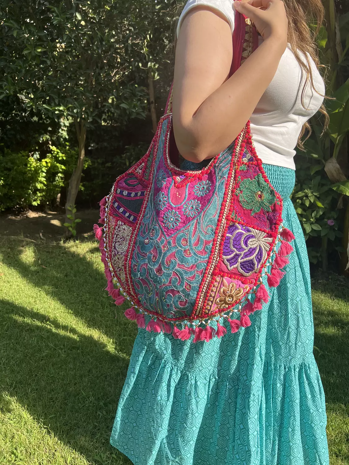 Circular indian boho bag - Fuschia/turquoise Double face  2