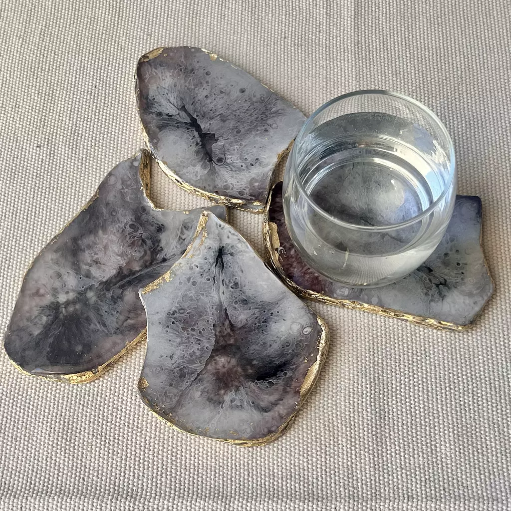 Grey/ Burgandy Agate Coasters With Gold Edges