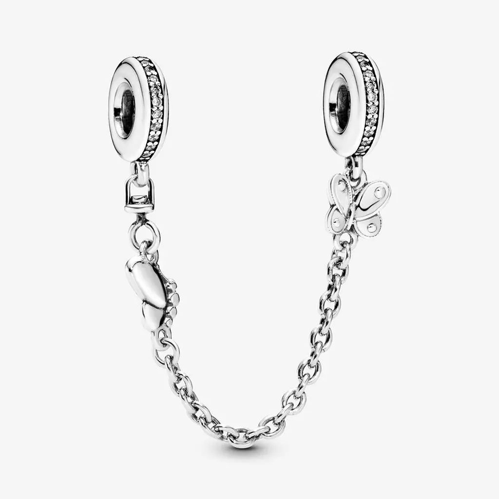 Butterfly silver safety chain with clear cubic zirconia