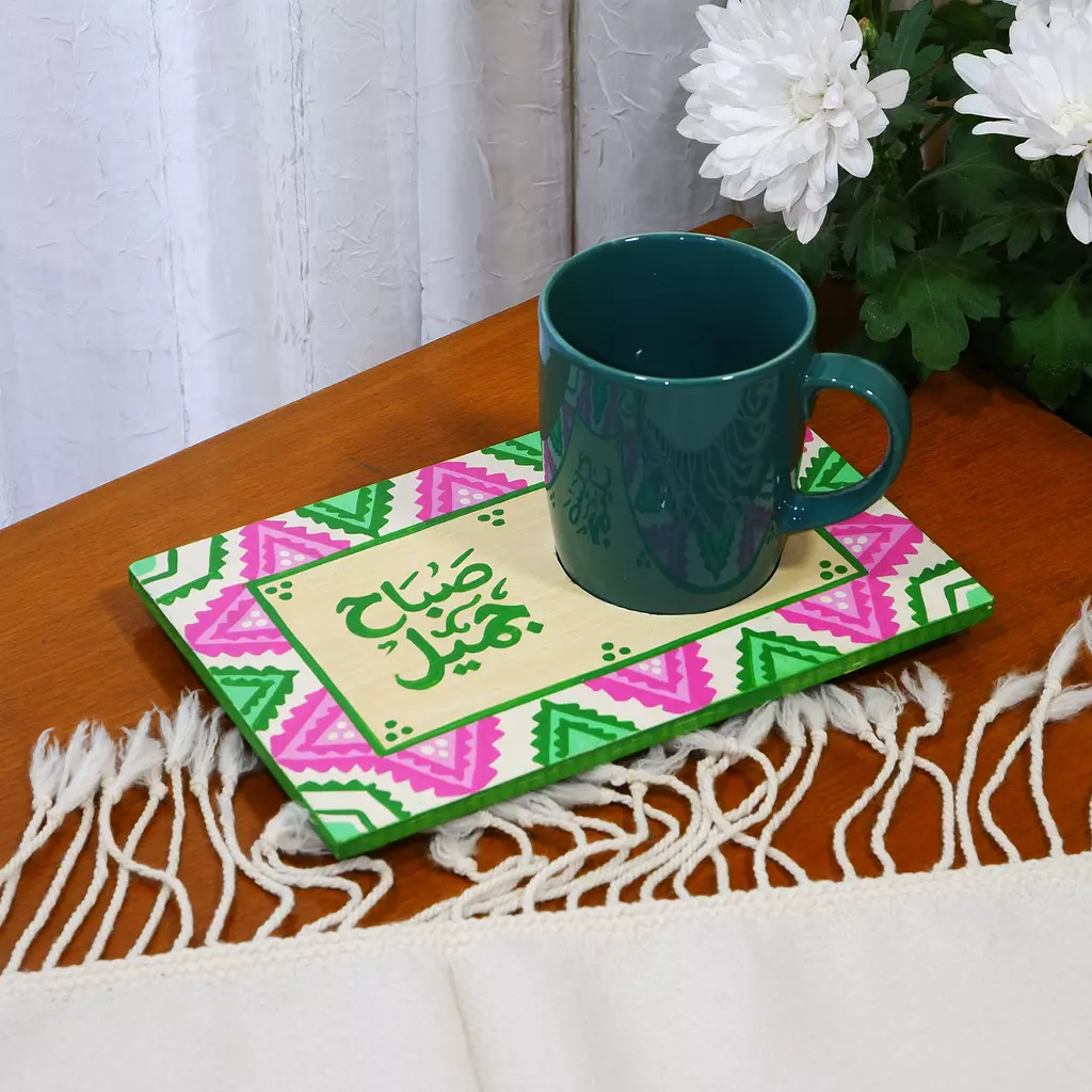 Coaster mug - pyramids fouchia &green