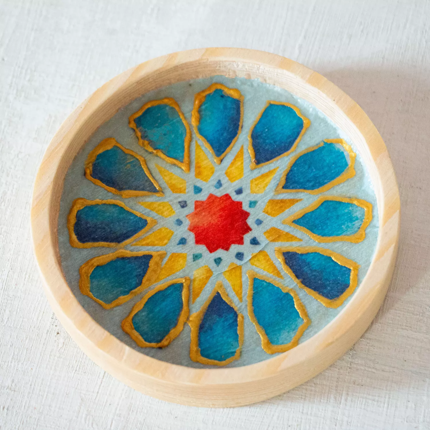 Blue Islamic Stars Glass Cup Wooden Coaster-per piece 6