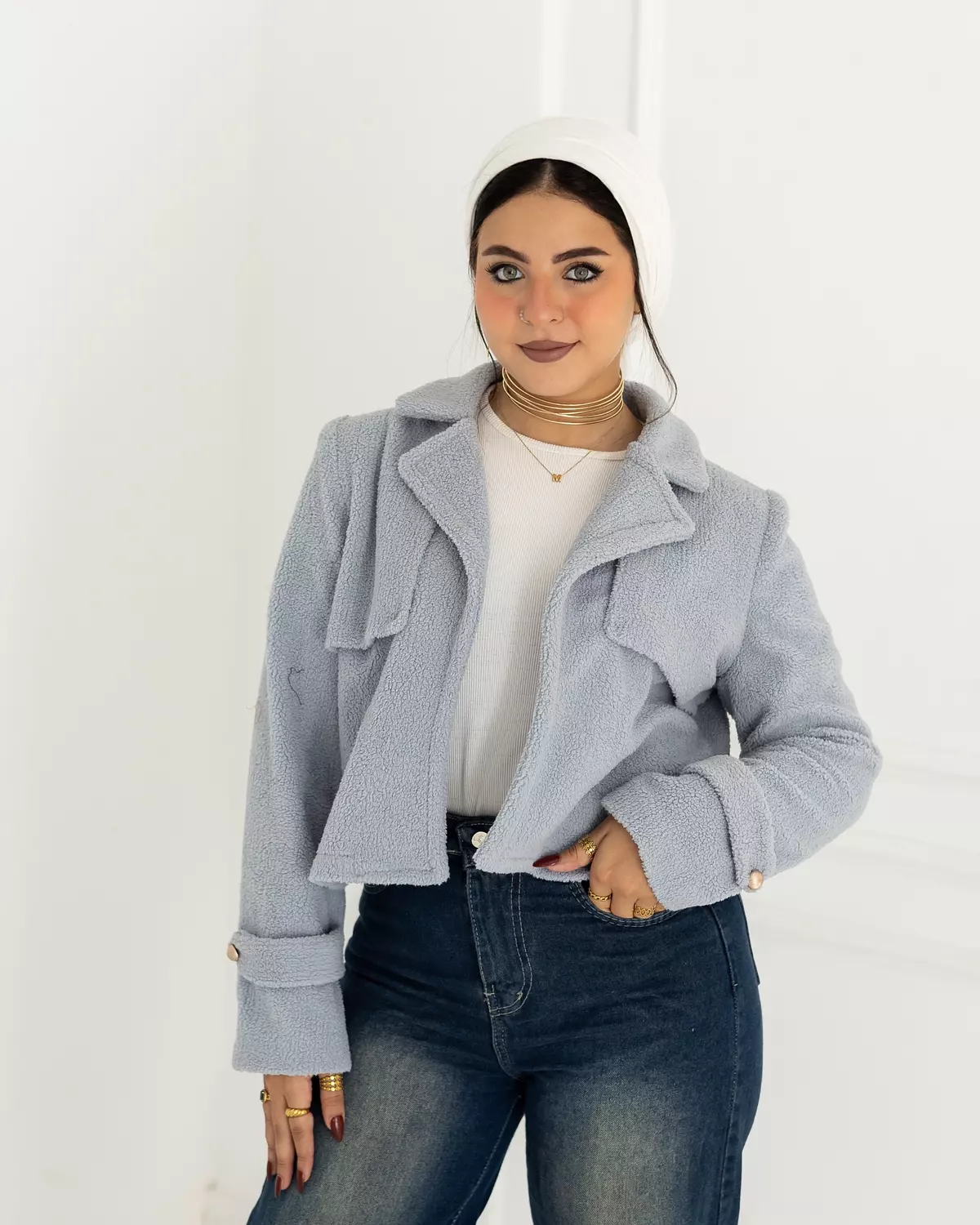 Baby blue crop jacket hover image