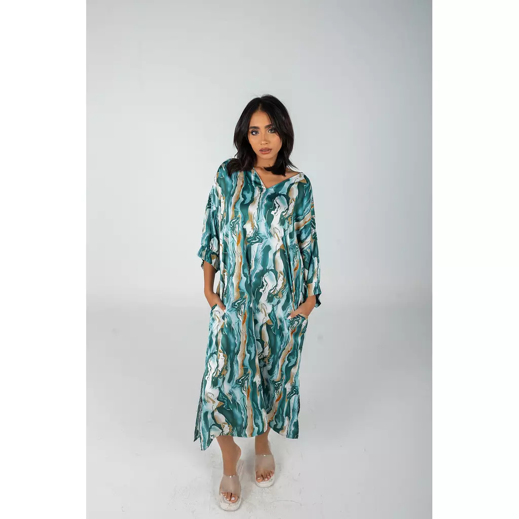 Dark Green Printed Satin Summer Dress