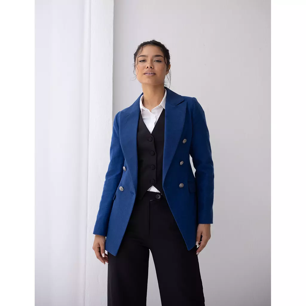 Azure blue tweed wool double breasted blazer 