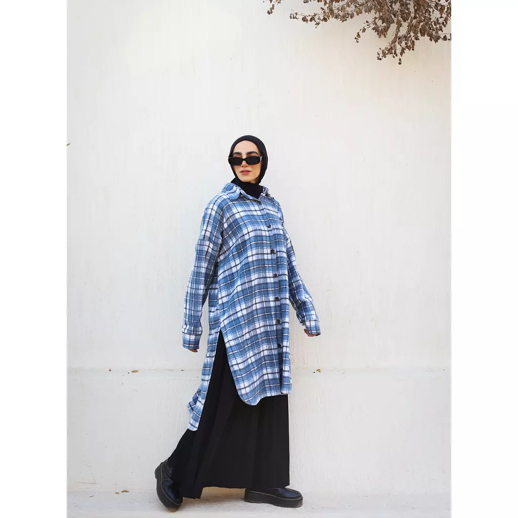 Blue and White Checkered Wool Long Shirt