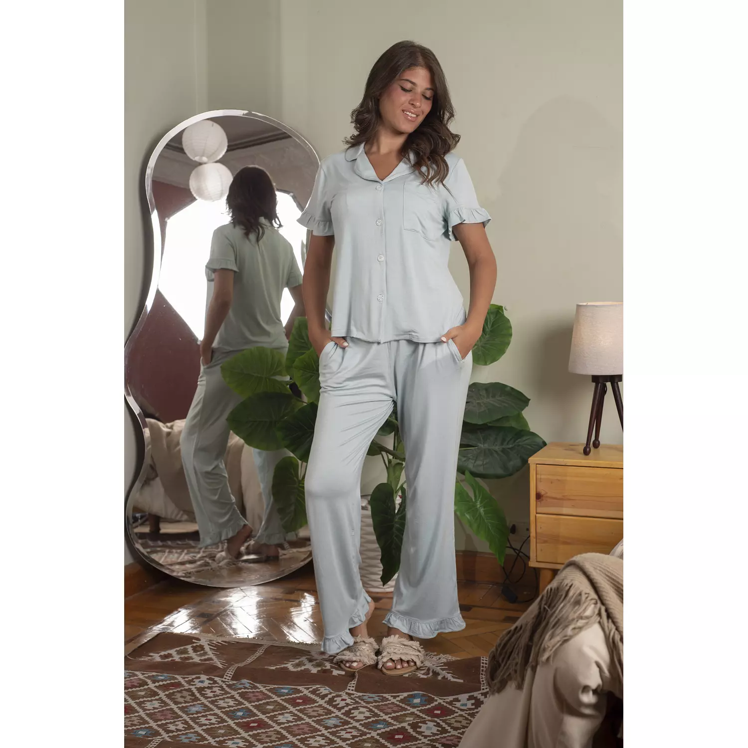 Powder Blue Ruffled Cotton Pajamas-2nd-img