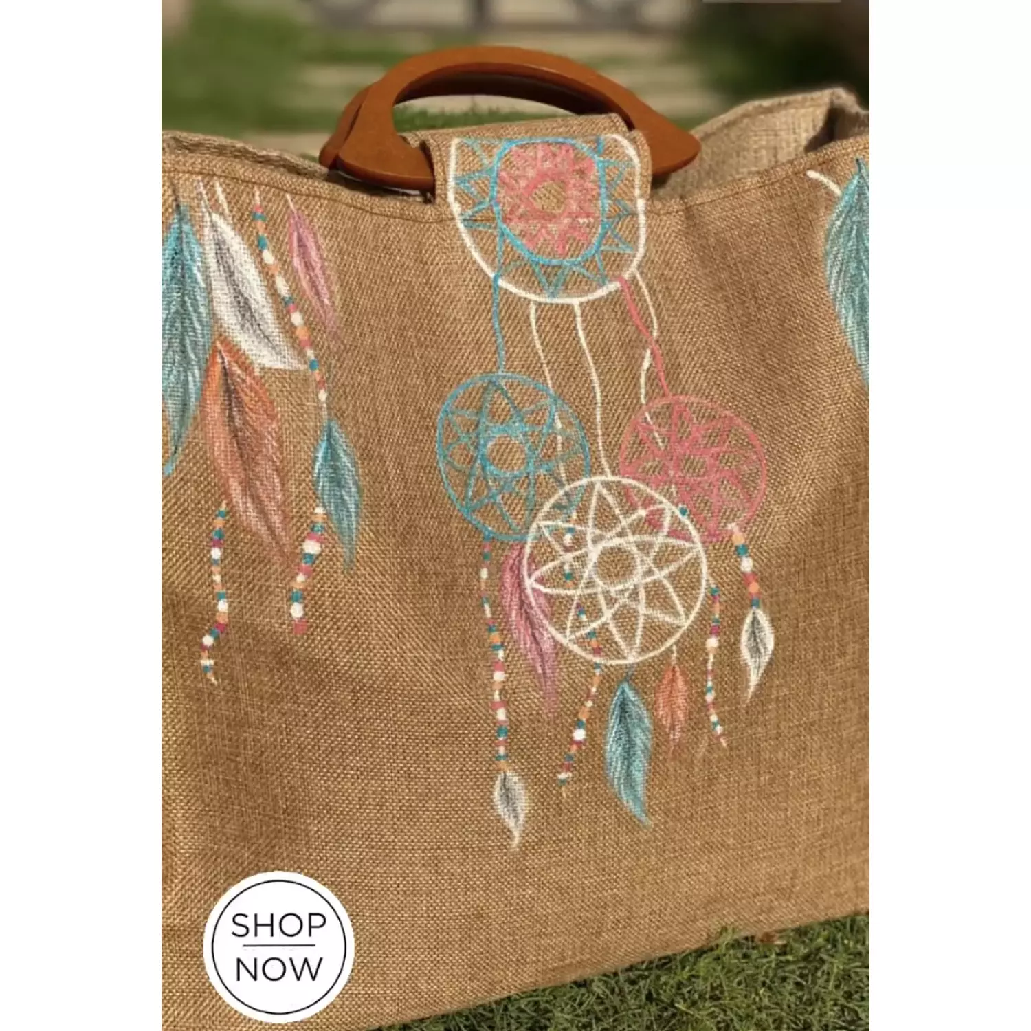 Dream-Catcher Hand-Painted Burlap Tote by Order 8