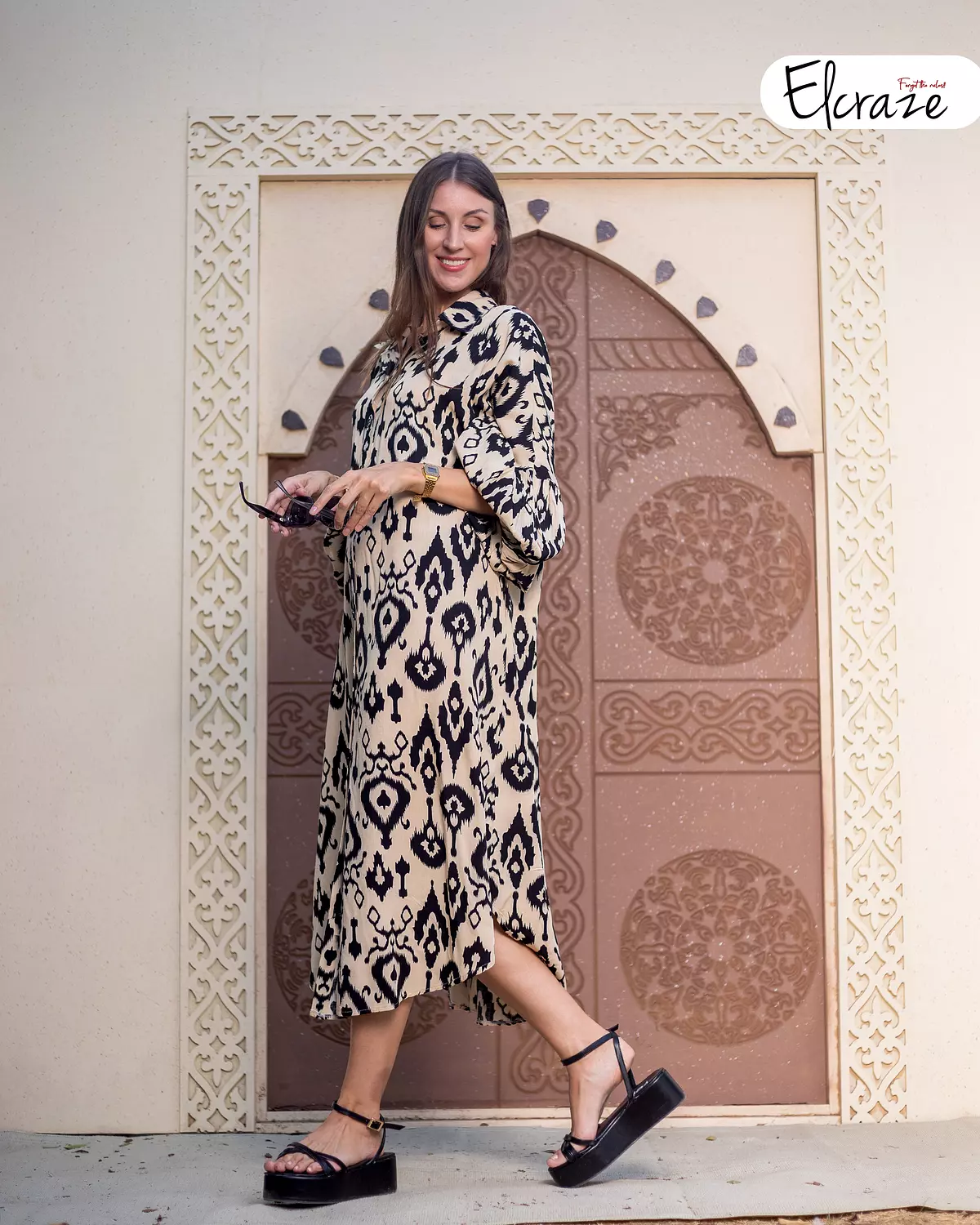 pure cotton printed shirt dress beige hover image