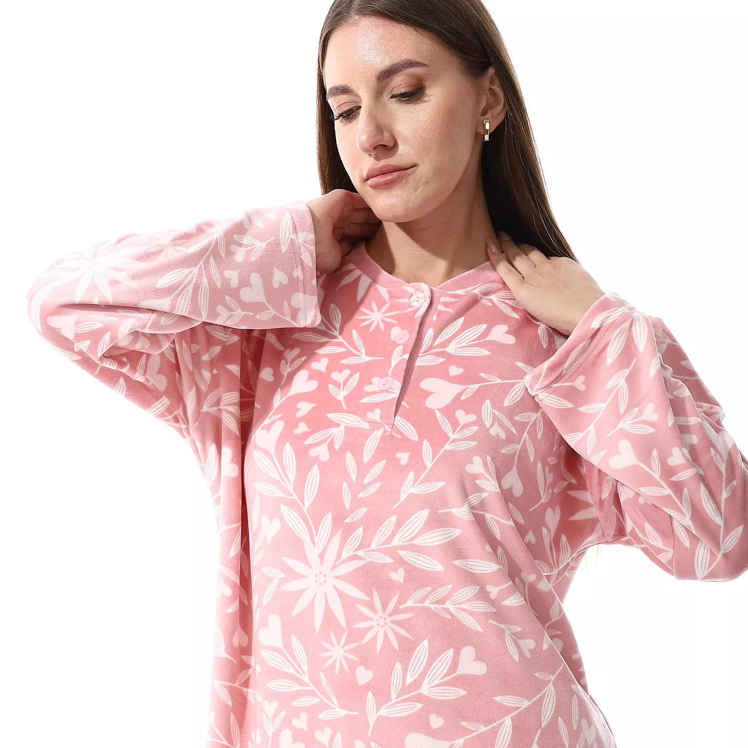 Shorto Women Leaves 2 Button  Fleece PJ - Rose - 2657  2