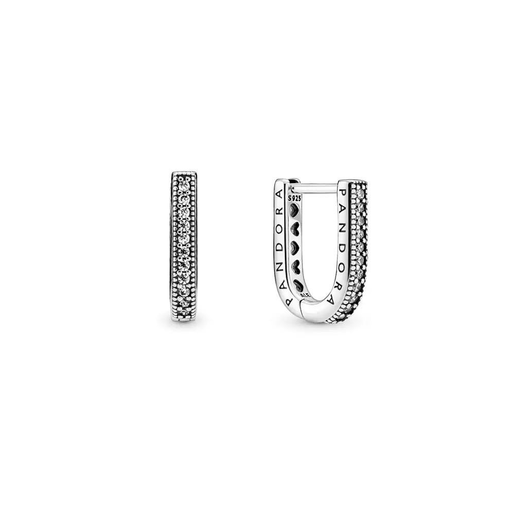 Pandora logo sterling silver u-shaped hoop earrings with clear cubic zirconia