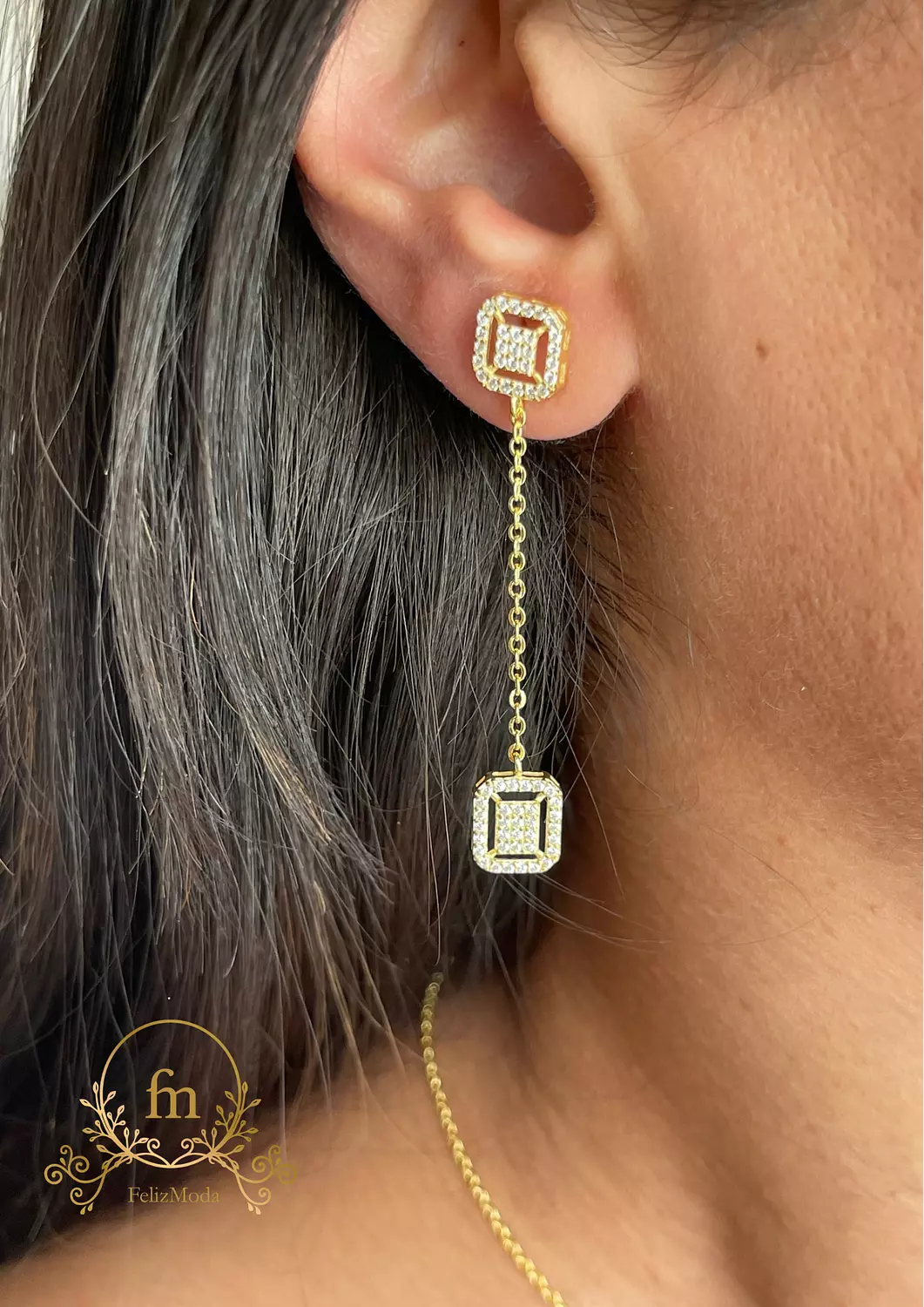 Two squares silver earrings connected with chain silver gold plated  hover image