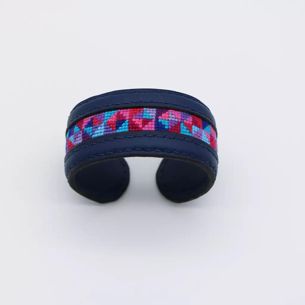 Dark blue genuine leather cuff with colorful Cross-stitching