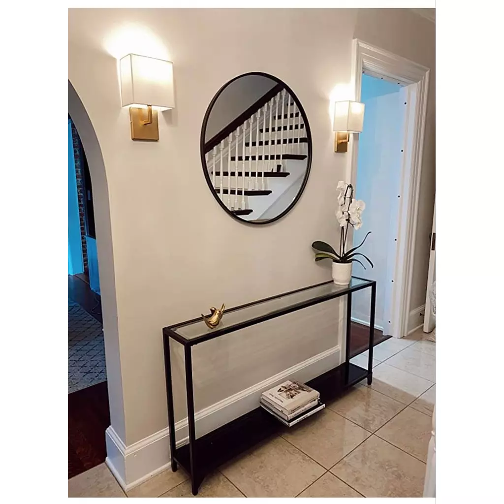 Console Unit& black wood and round wall mirror