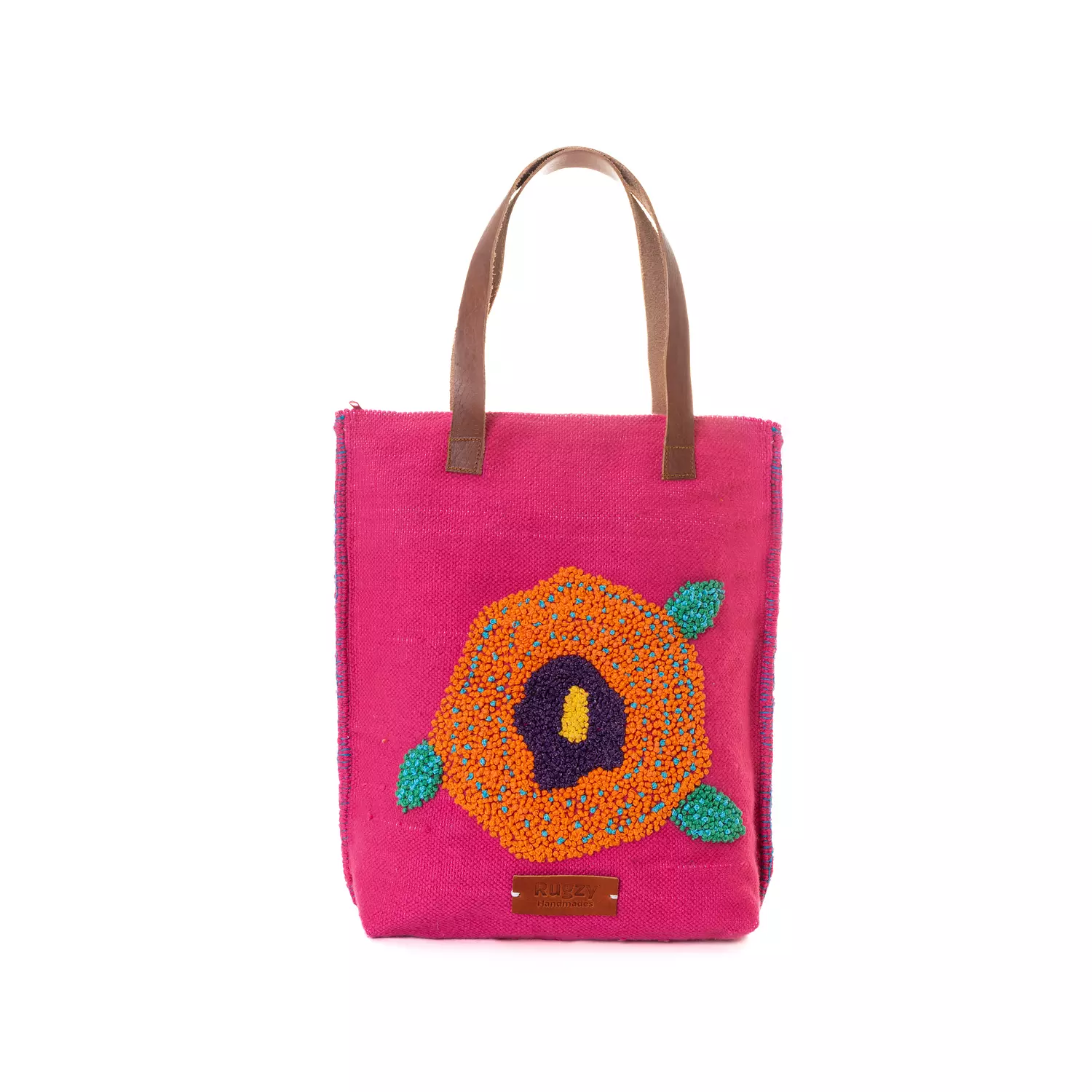 Floral Punch Needle Carpet Bag with Genuine Leather Handles hover image