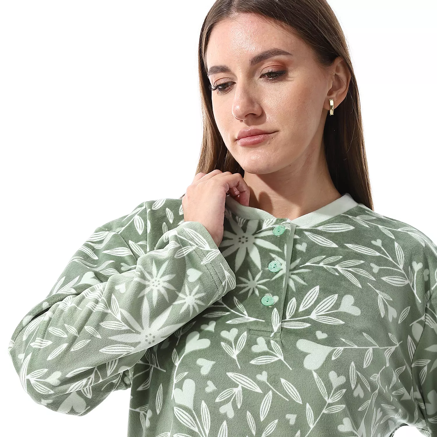 Shorto Women Leaves 2 Button  Fleece PJ - Green - 2657  2