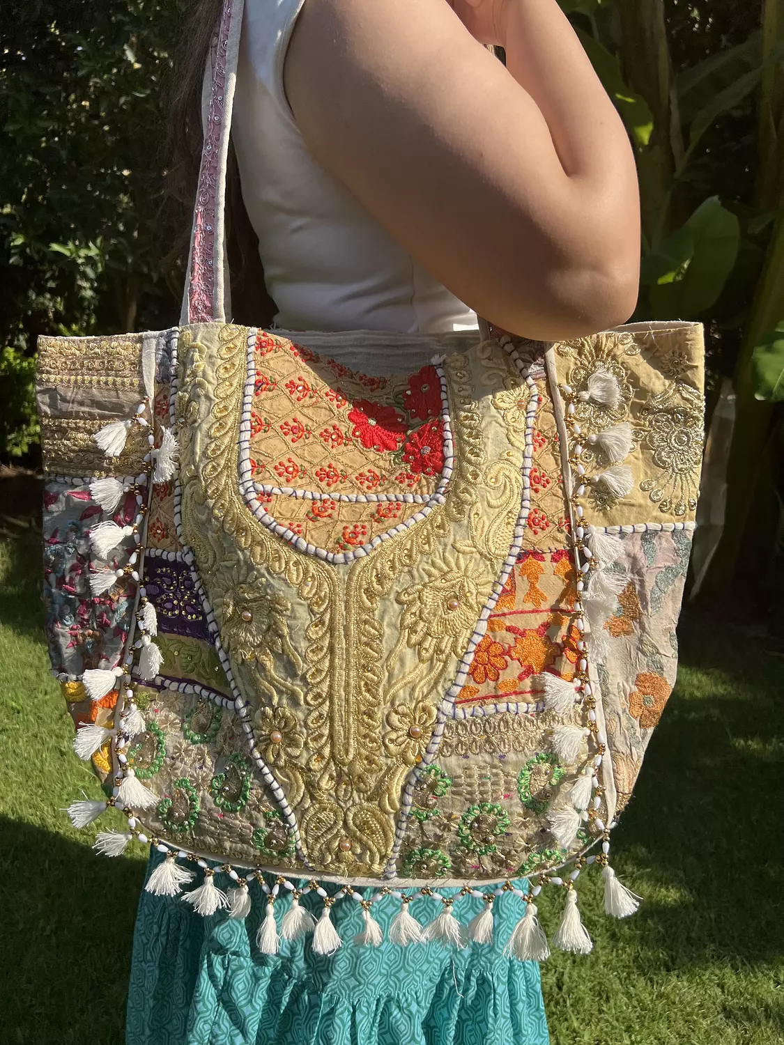 Indian boho bag - Beige Double face  4