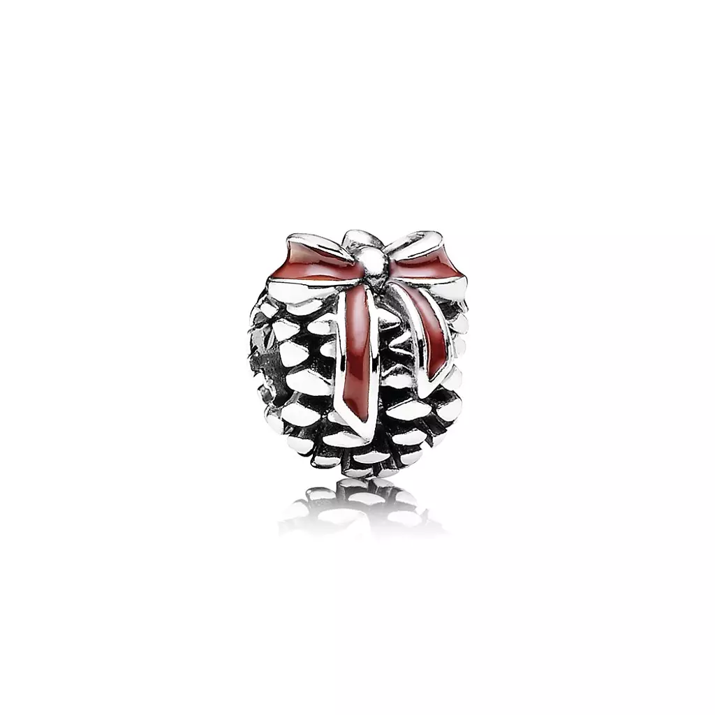 Pine cone silver charm with red enamel bow