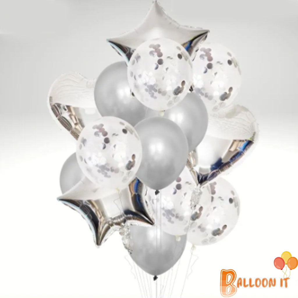 14 Pcs Silver Multi Confetti Balloons Set, Star/Heart Foil Balloons , Latex Balloons