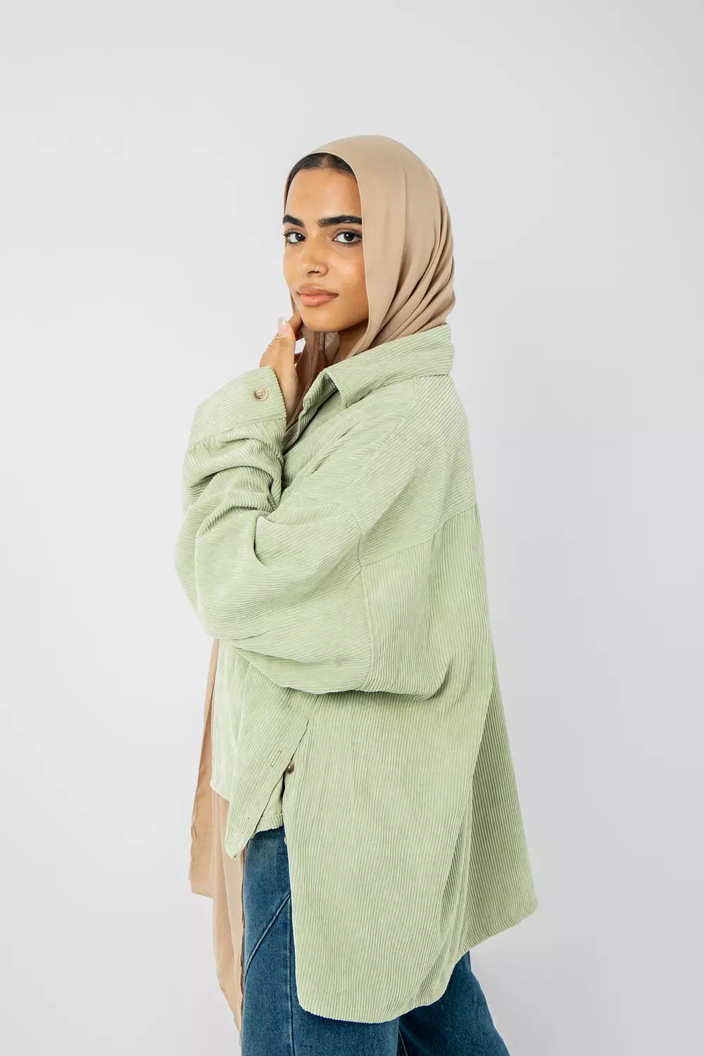 Oversized Striped Velvet Shirt in Pistachio hover image