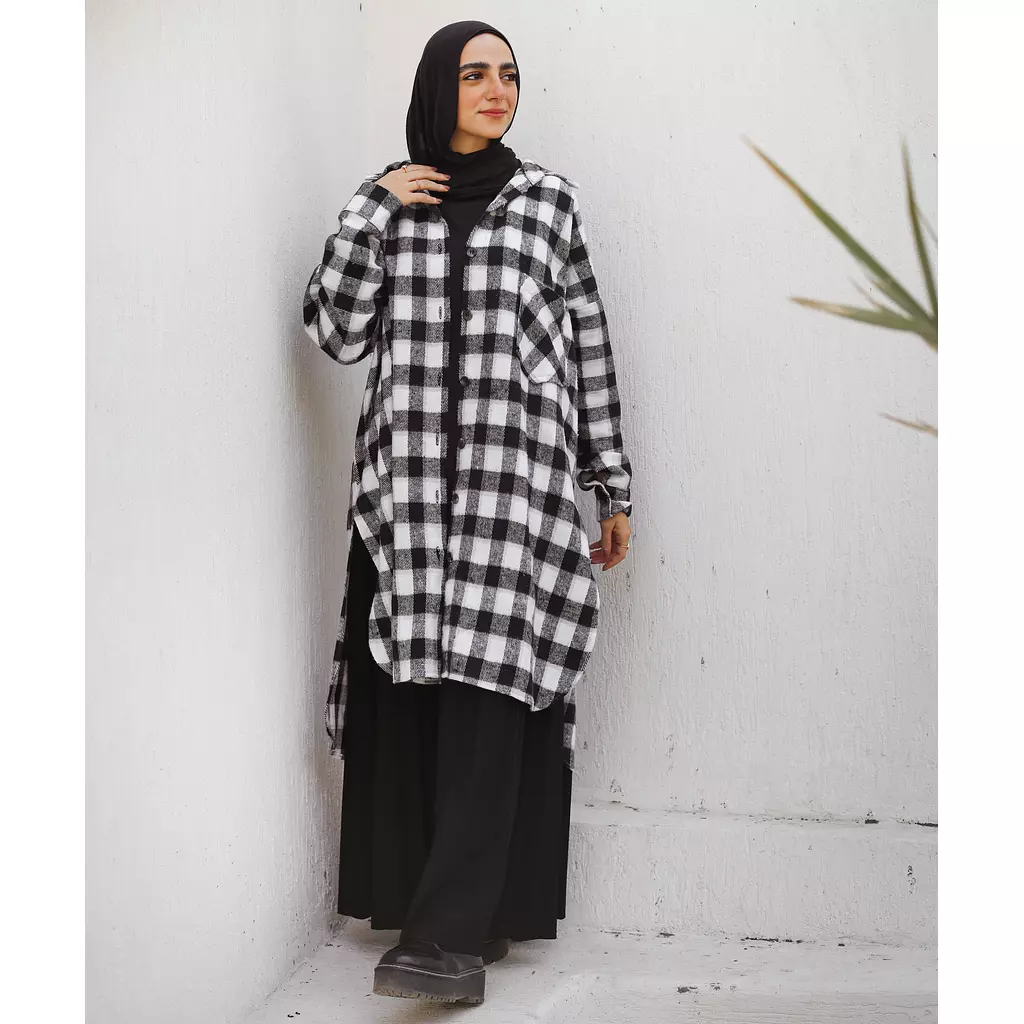 Black & White Checkered Wool Long Shirt