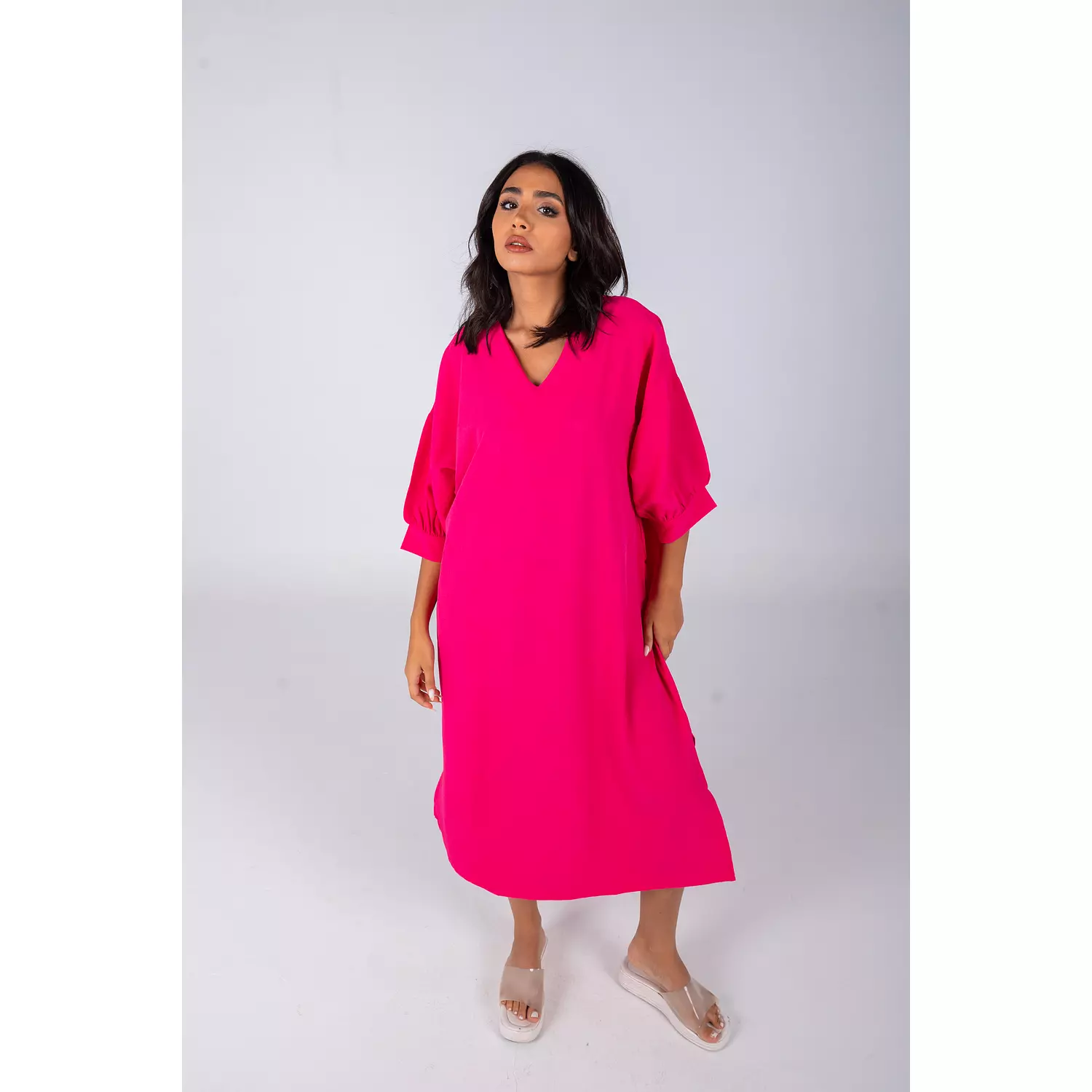 Hot Pink Plain Linen Dress 0