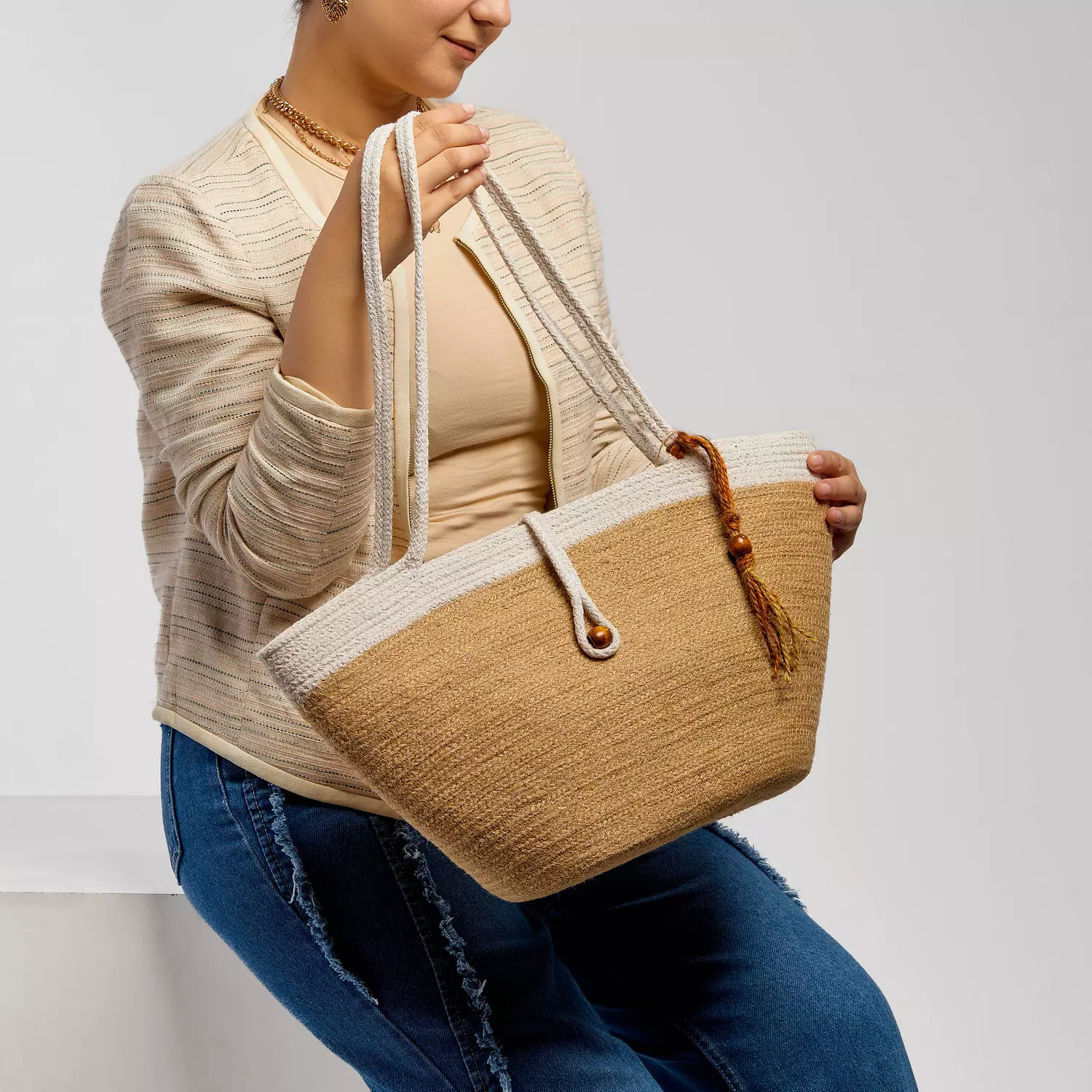 Shoulder Bag - White & Jute-2nd-img