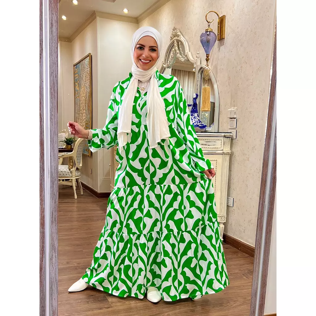 Long Sleeve Over Sized Printed Dress - Green