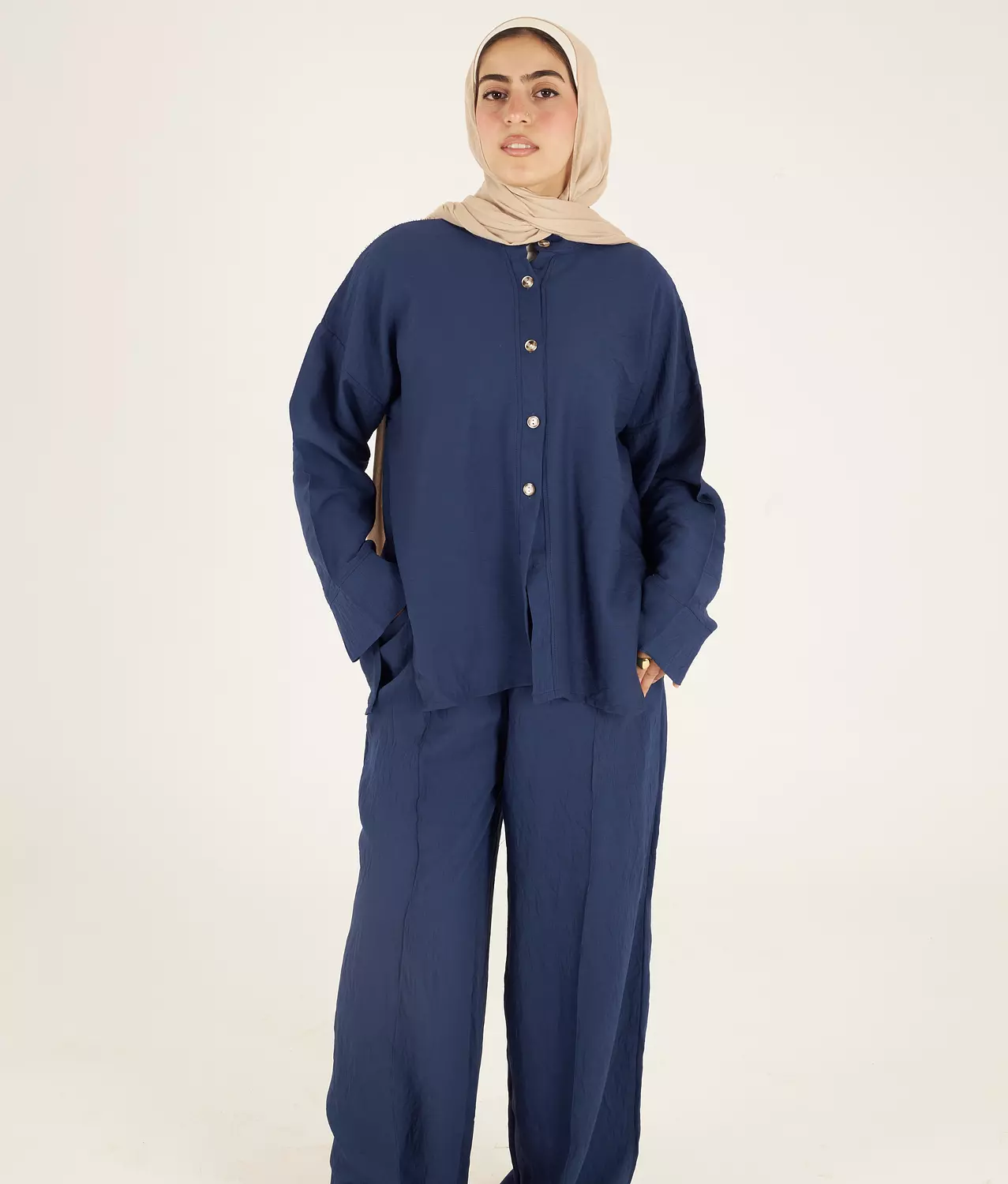 Navy Blue Buttoned Linen Full Set 1