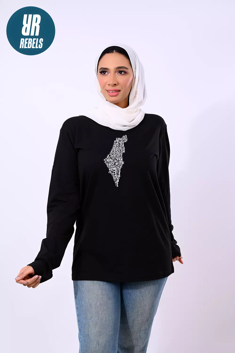 Long Sleeve - Black - White  Palestine Map hover image