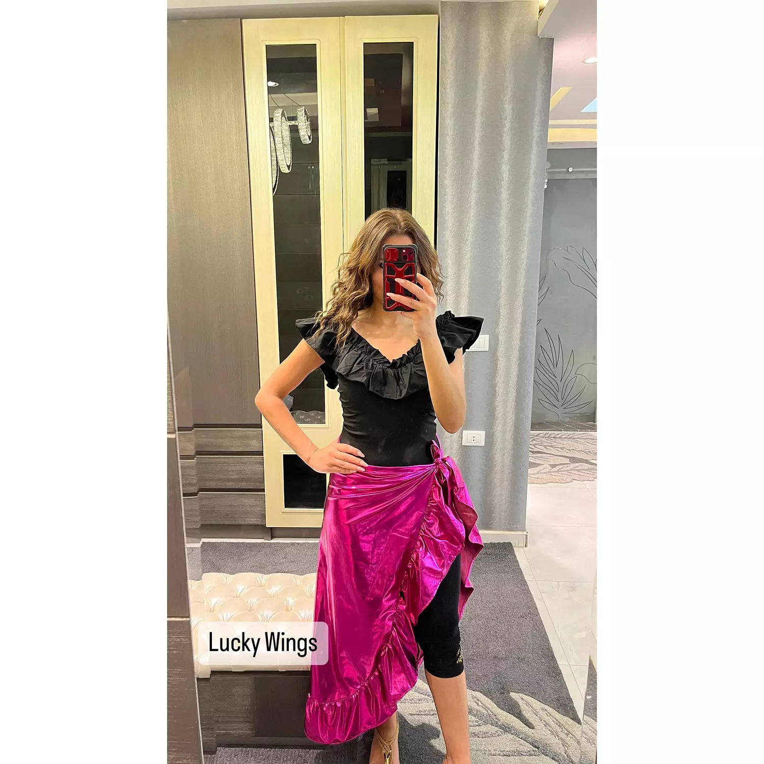 PINK METALLIC WRAP RUFFLE SKIRT hover image