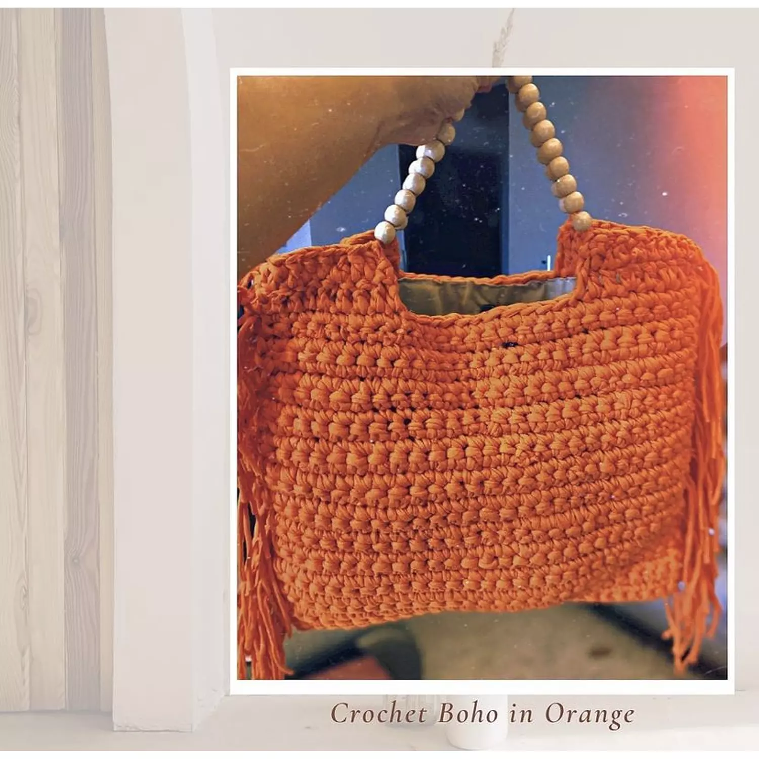 Orange Bead Handle Crochet Fringe Tote (by order) 7