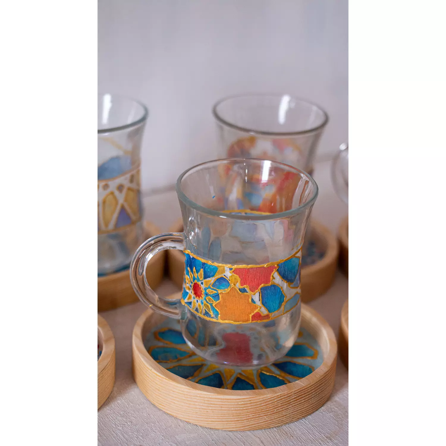 Blue Islamic Stars Glass Cup Wooden Coaster-per piece 7