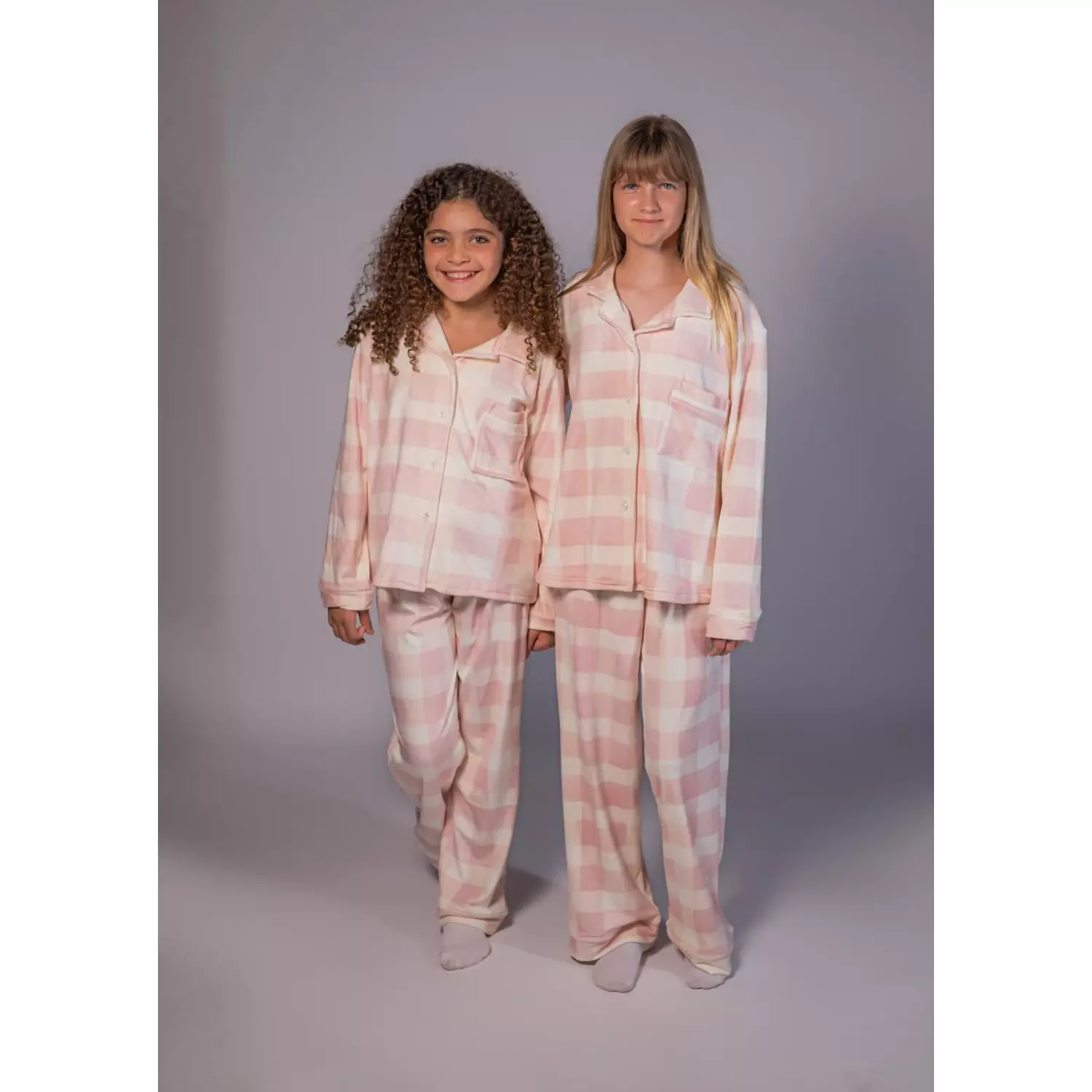 Beige & Pink Plaid Buttoned Pajamas  1