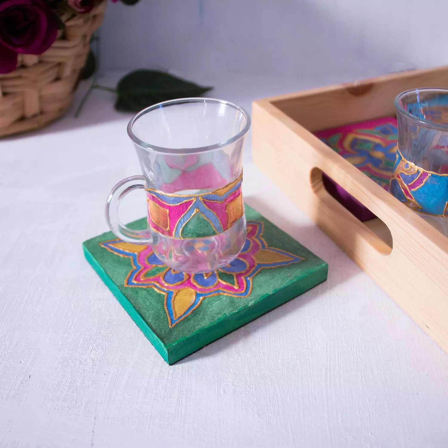 Arabic Blossom coasters wooden tray   5