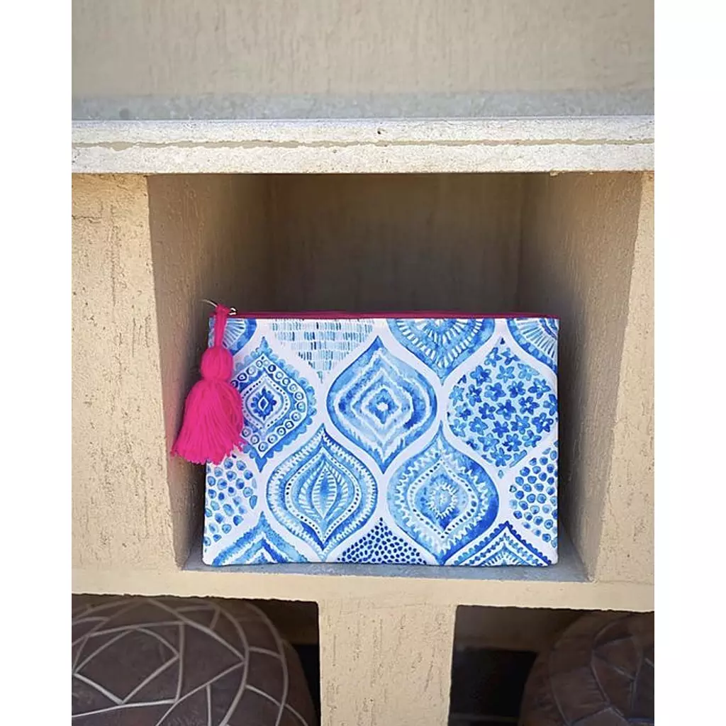 Blue Damask Canvas Fabric Pouch (by order)