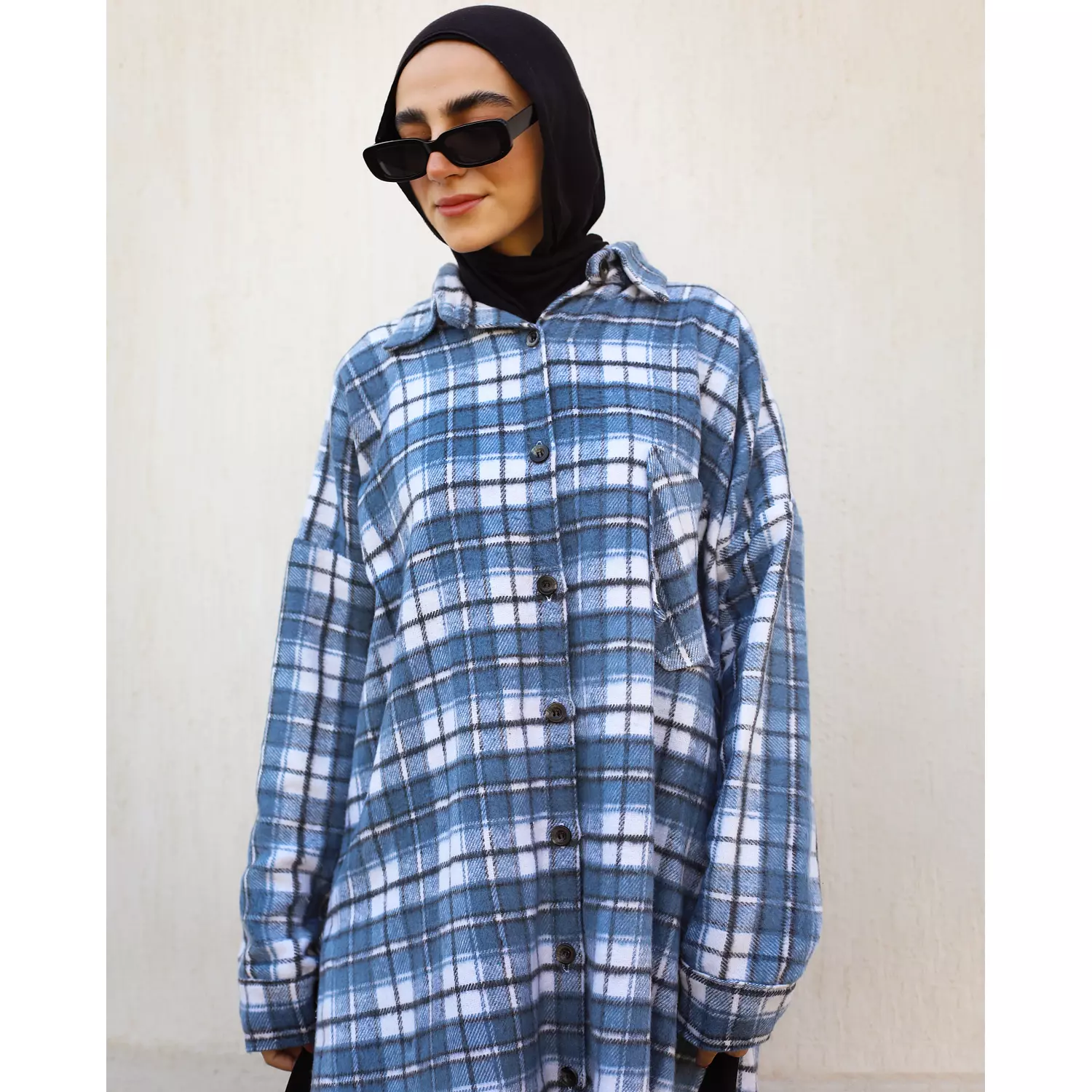 Blue and White Checkered Wool Long Shirt 5