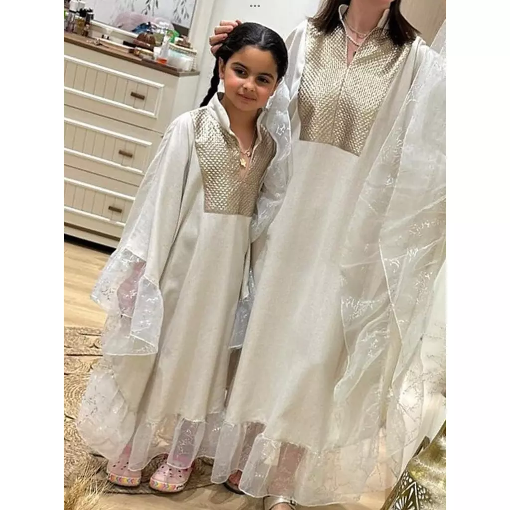 Beige Linen Abaya with Organza (kids size) 