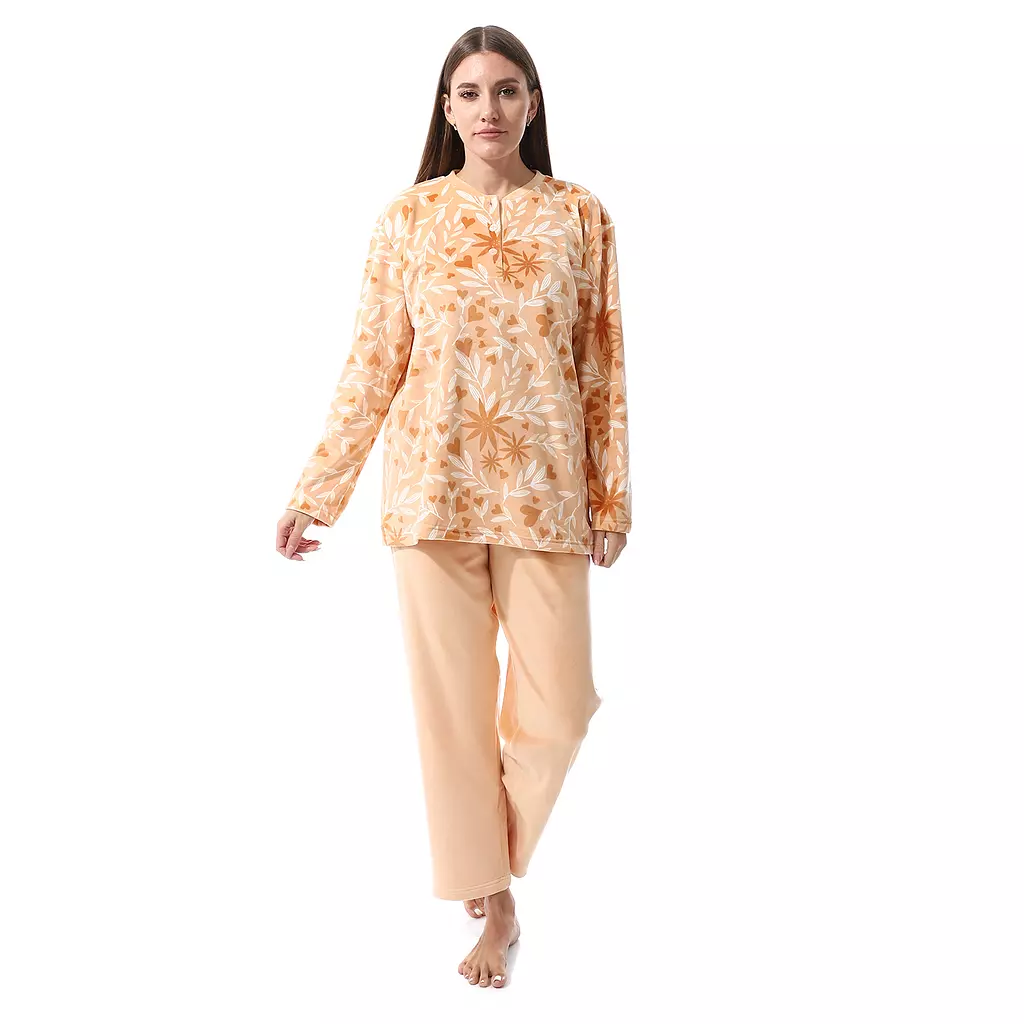 Shorto Women Leaves 2 Button  Fleece PJ - Orange - 2657 