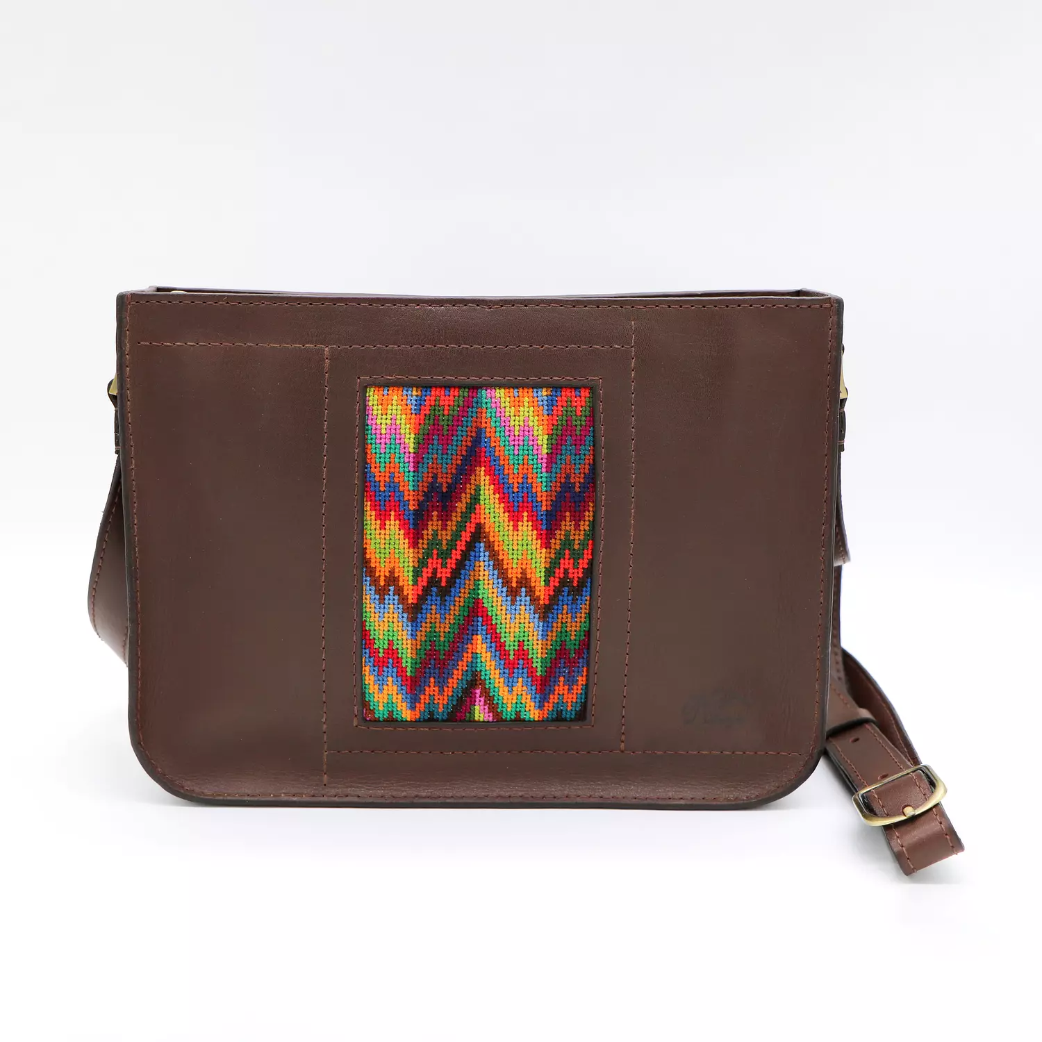 Genuine leather bag with colorful Cross stitching. hover image