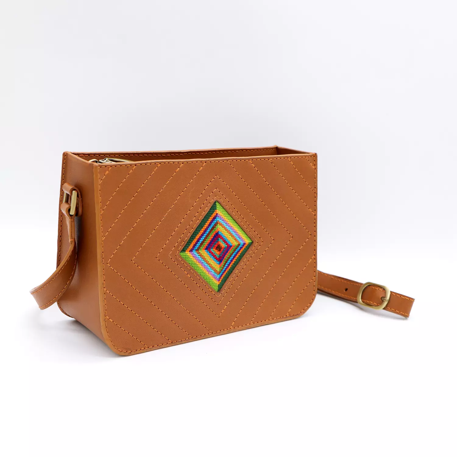 Genuine leather bag with colorful Cross-stitching 1