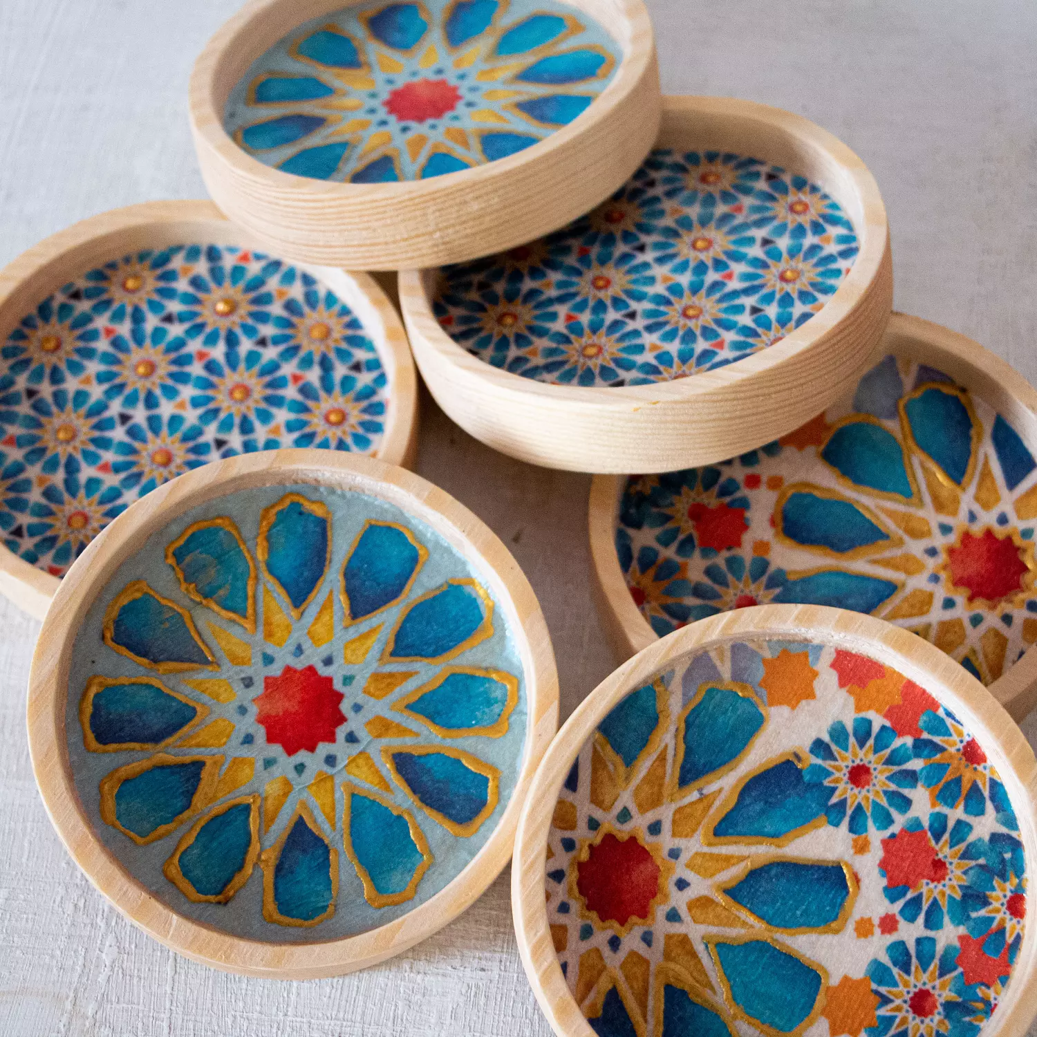 Blue Islamic Stars Glass Cup Wooden Coaster-per piece 9