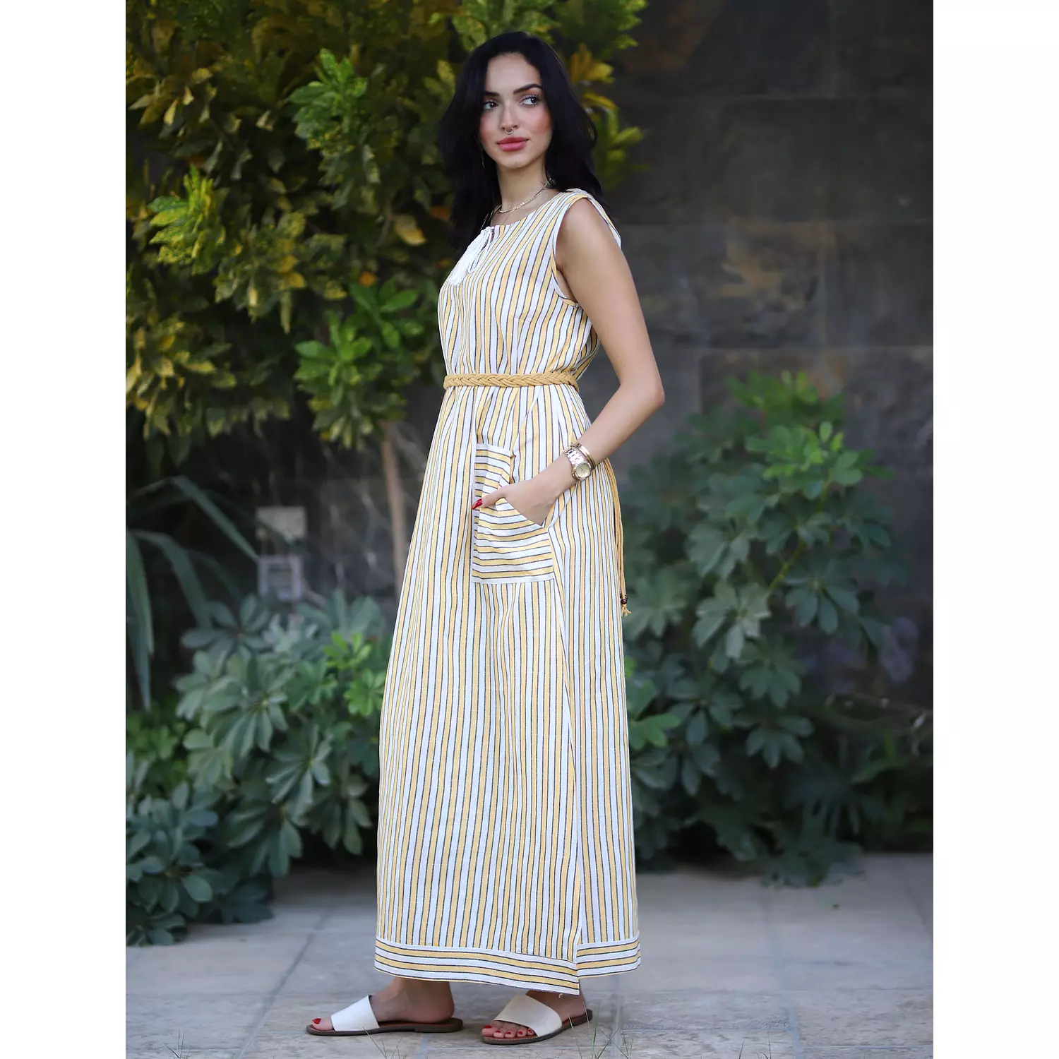 Stripped Linen Dress- Yellow Blue hover image